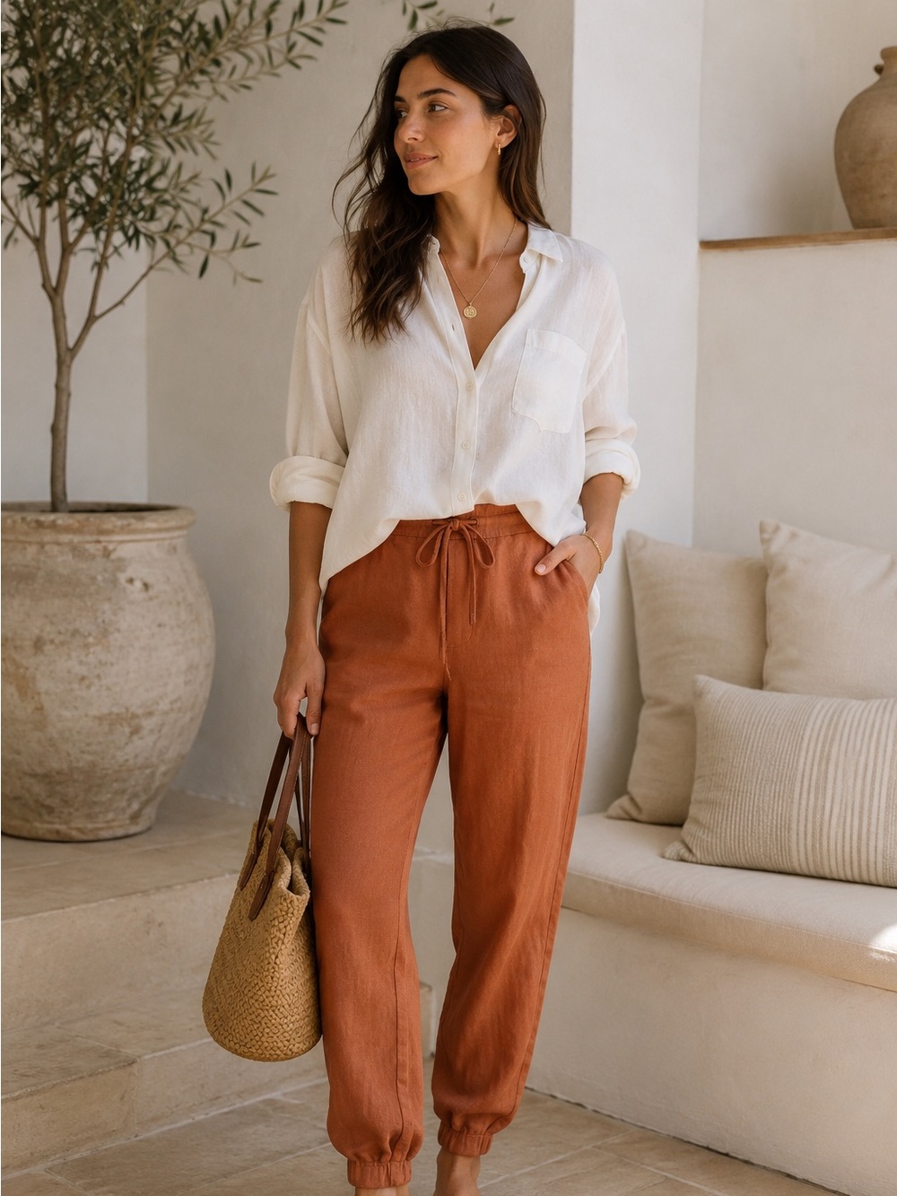 Lilysilk 100% Linen Jogger Pants Sz 4 Terracotta Pull On Coastal Luxury